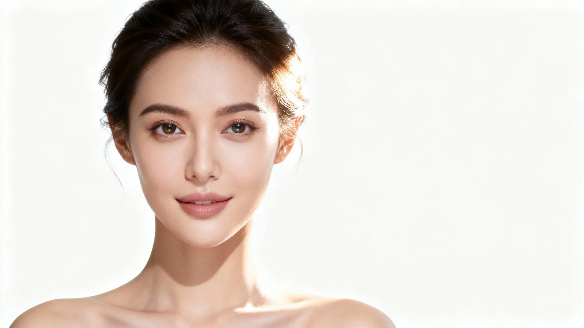 A professional studio portrait of a woman against a pure white background, showcasing the effect of expert three-point lighting with soft highlights and shadows on her face.
