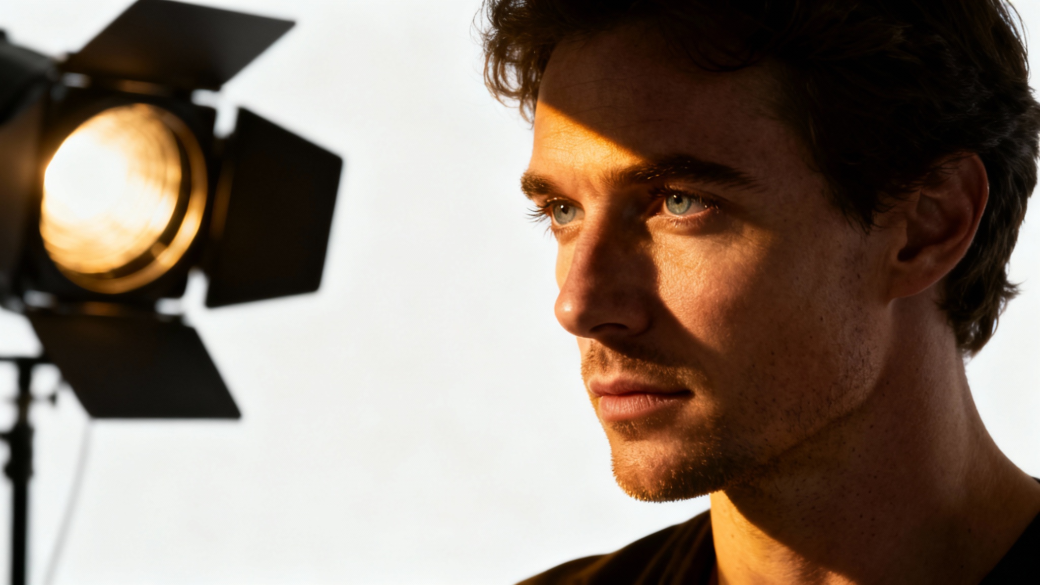 A professionally shot studio portrait demonstrating Rembrandt lighting on a man's face, with a distinct triangle of light under his eye, set against a dark backdrop.