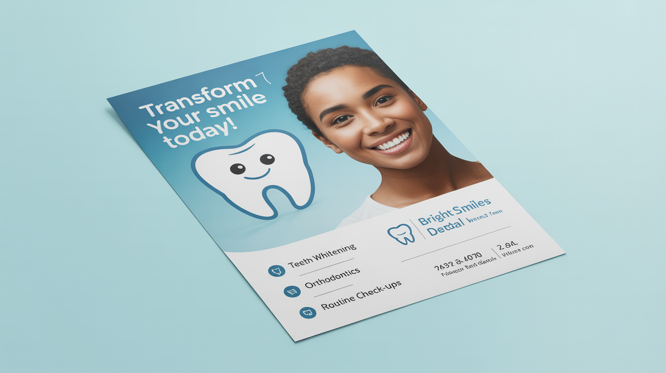 A finished dental clinic flyer with a blue and white design, featuring a smiling patient and text that reads 'Transform Your Smile Today!' and 'Bright Smiles Dental'.