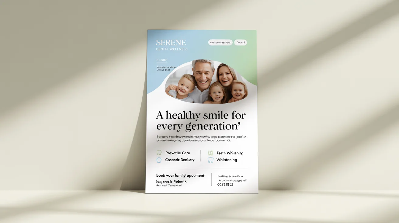 A professional mockup of a dental flyer for 'Serene Dental Wellness', featuring a smiling family and promoting comprehensive dental services.