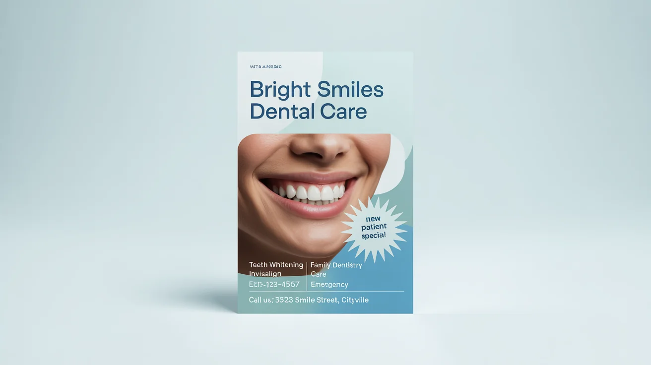 A mockup of a modern dental flyer for 'Bright Smiles Dental Care'. It features a blue and white design, a photo of a smiling person, a list of services, and a special offer, all on a white background.