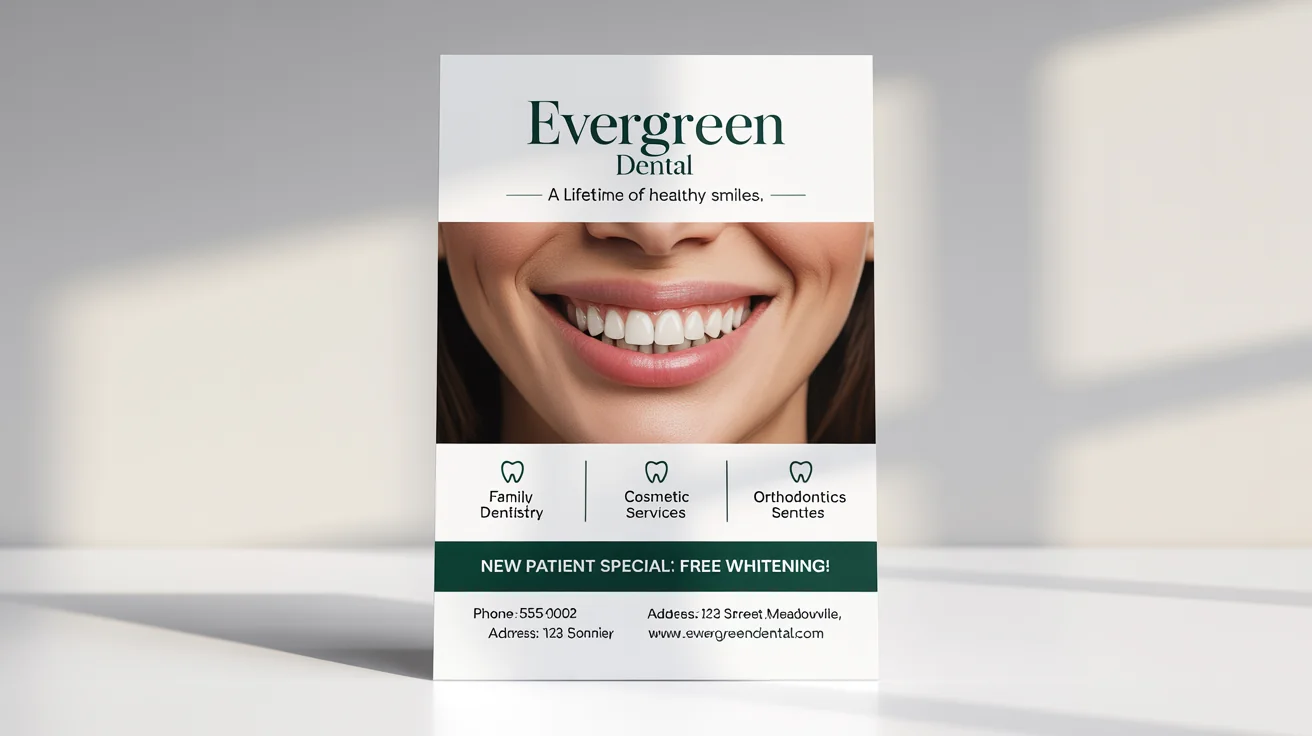 A mockup of a professional and modern dental flyer for 'Evergreen Dental' on a white background, featuring a photo of a healthy smile and advertising a new patient special.