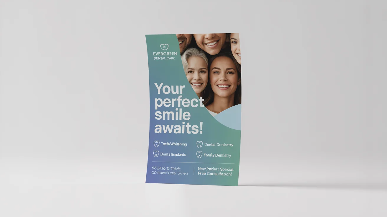 A mockup of a modern and professional dental flyer for 'Evergreen Dental Care' on a white background, featuring smiling people and listing services like teeth whitening.