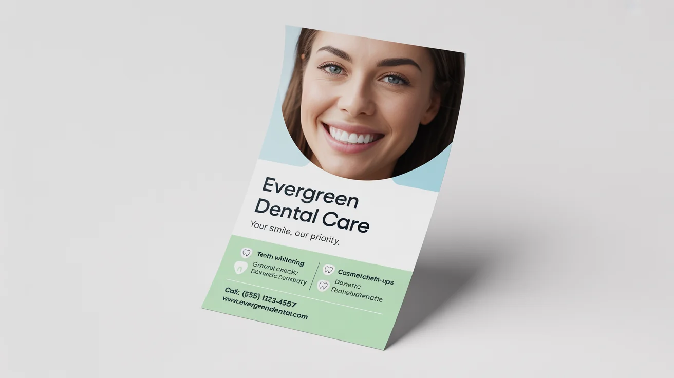 A professional mockup of a dental flyer for 'Evergreen Dental Care' on a white background, featuring a smiling person and listing dental services.