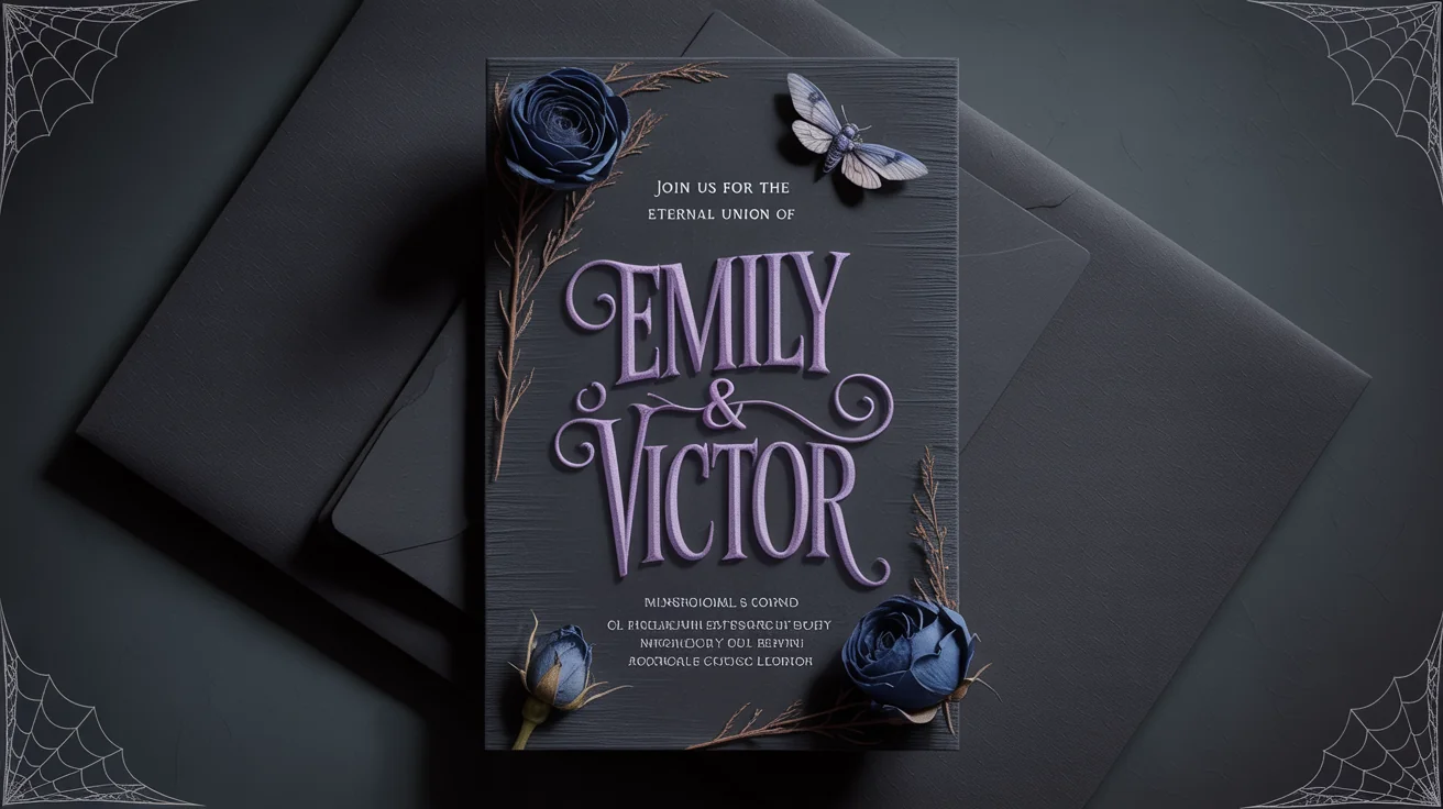 An elegant, gothic-themed wedding invitation inspired by the Corpse Bride, lying on a dark surface. The text reads 'Join us for the eternal union of Emily & Victor' in a whimsical, spindly font.