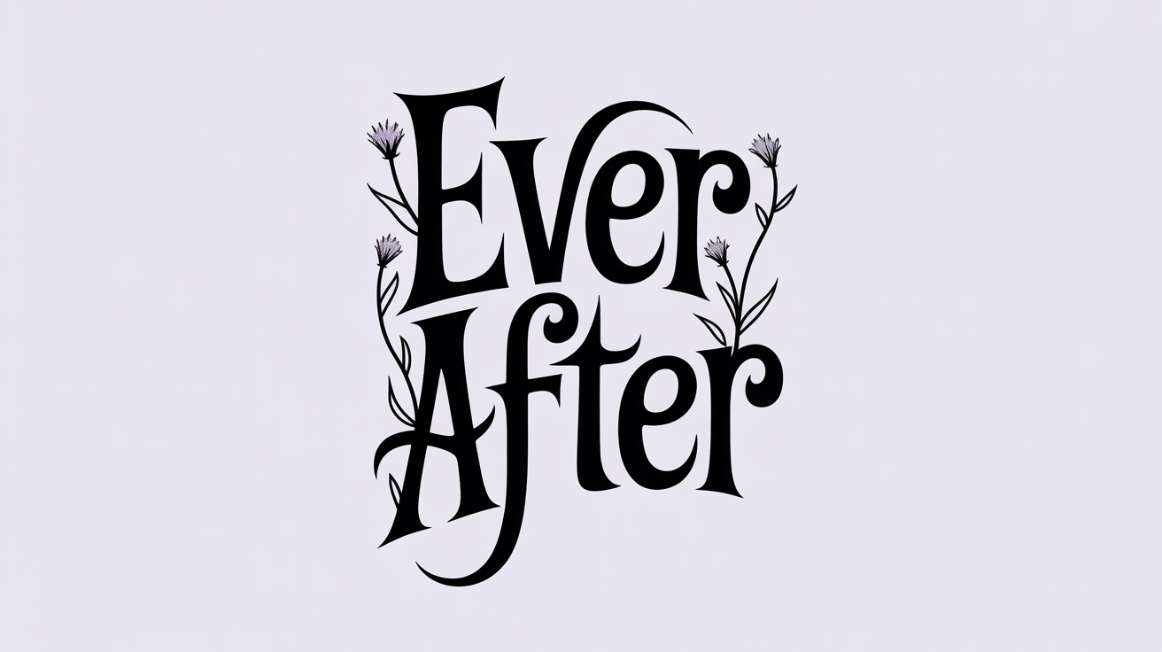 A typography mockup in the style of the Corpse Bride, featuring the phrase 'Ever After' in a spindly, gothic font, decorated with withered flowers against a clean white background.