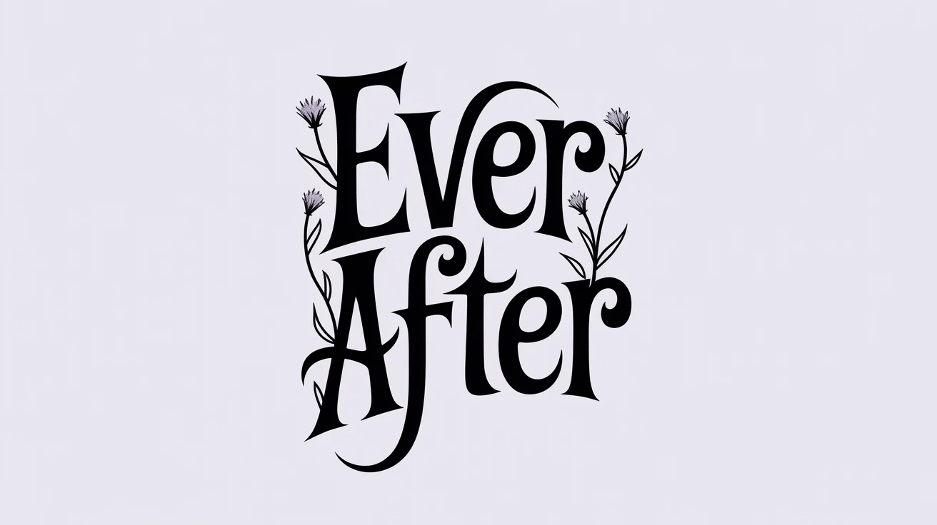 A typography mockup in the style of the Corpse Bride, featuring the phrase 'Ever After' in a spindly, gothic font, decorated with withered flowers against a clean white background.