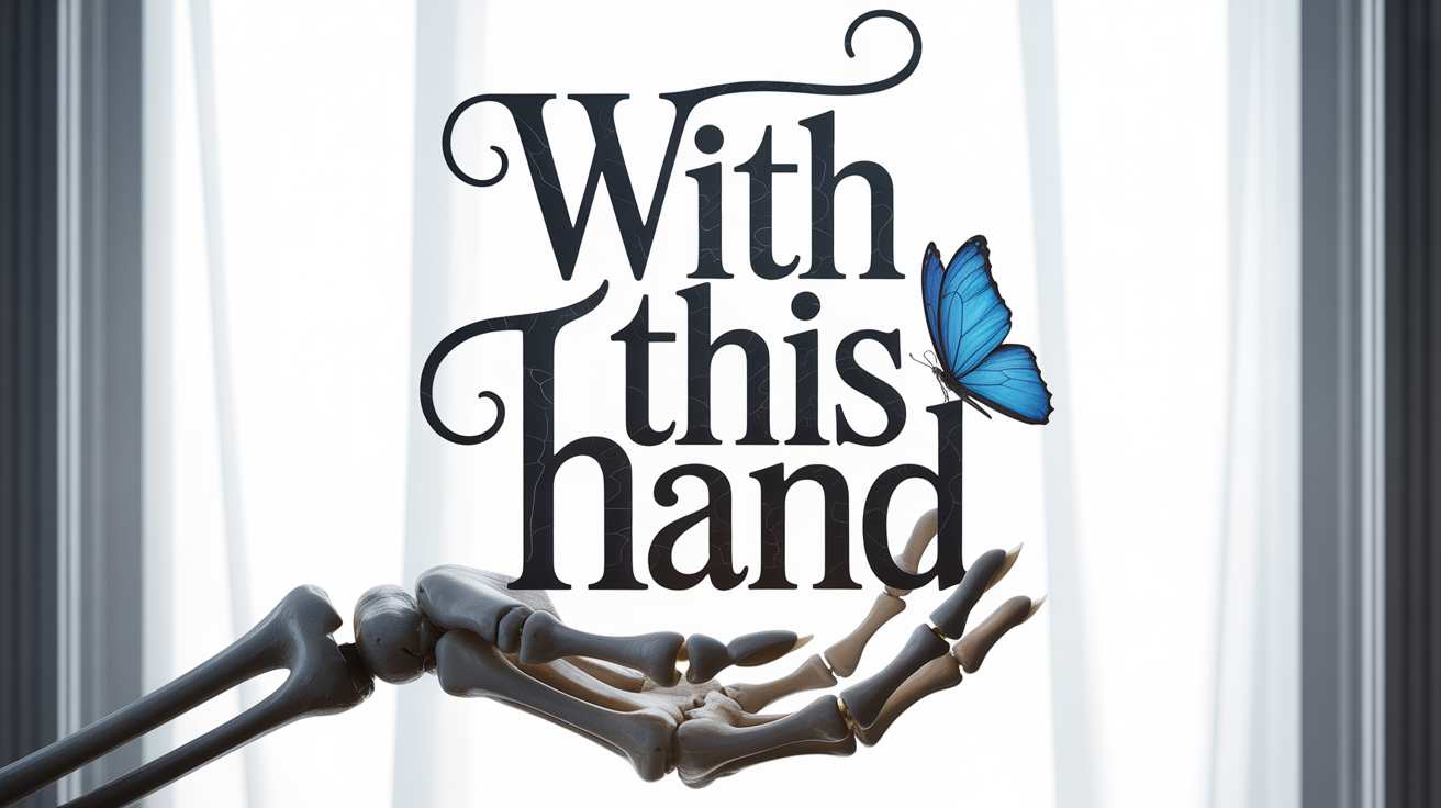 Text reading 'With this hand' in a gothic, spindly font inspired by the Corpse Bride, with a skeletal hand and a blue butterfly on a clean white background, evoking a melancholic, romantic feel.