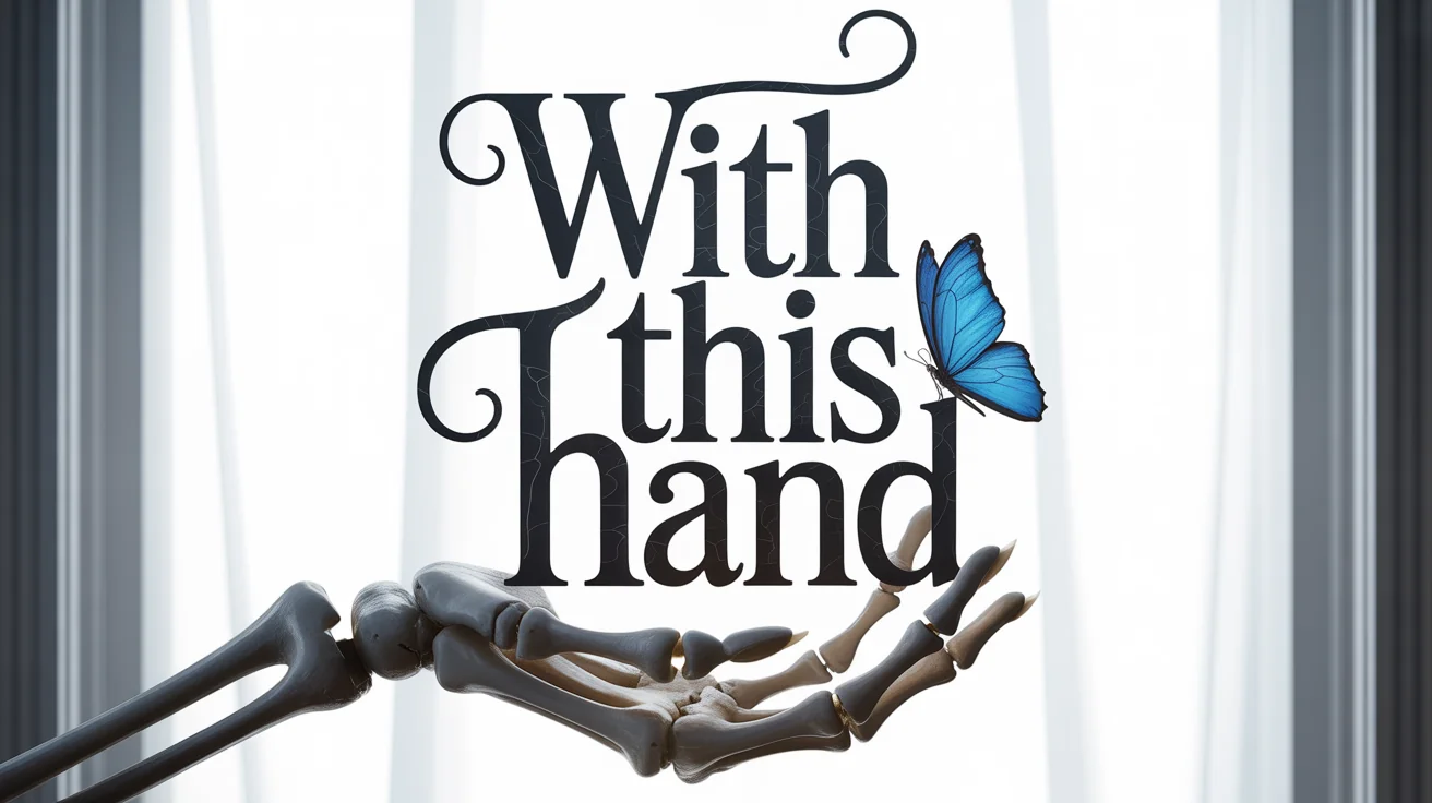 Text reading 'With this hand' in a gothic, spindly font inspired by the Corpse Bride, with a skeletal hand and a blue butterfly on a clean white background, evoking a melancholic, romantic feel.