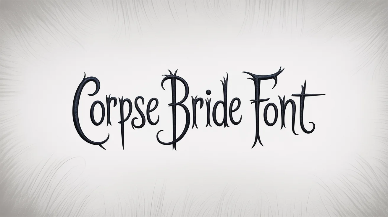 A typography mockup showcasing the text 'Corpse Bride Font' written in a spindly, spooky, and whimsical gothic style, isolated on a plain white background.