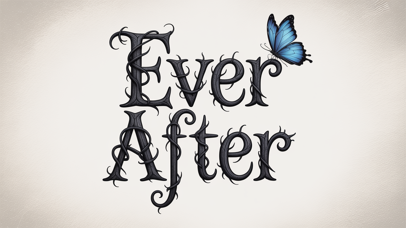 A typography mockup showing the words 'Ever After' in a spindly, gothic font inspired by the Corpse Bride, with a blue butterfly detail, set against a plain white background.