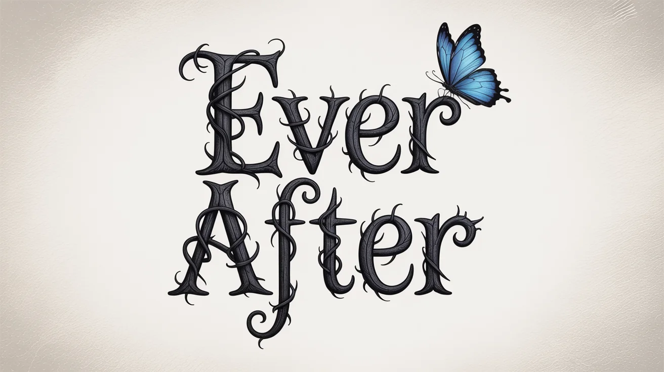 A typography mockup showing the words 'Ever After' in a spindly, gothic font inspired by the Corpse Bride, with a blue butterfly detail, set against a plain white background.