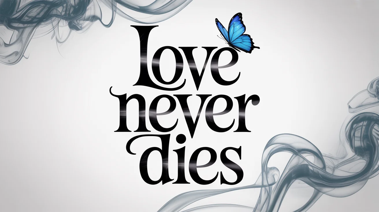 A typography mockup displaying the phrase 'Love Never Dies' in a 'Corpse Bride' inspired gothic font on a clean white background, accented by a blue butterfly.