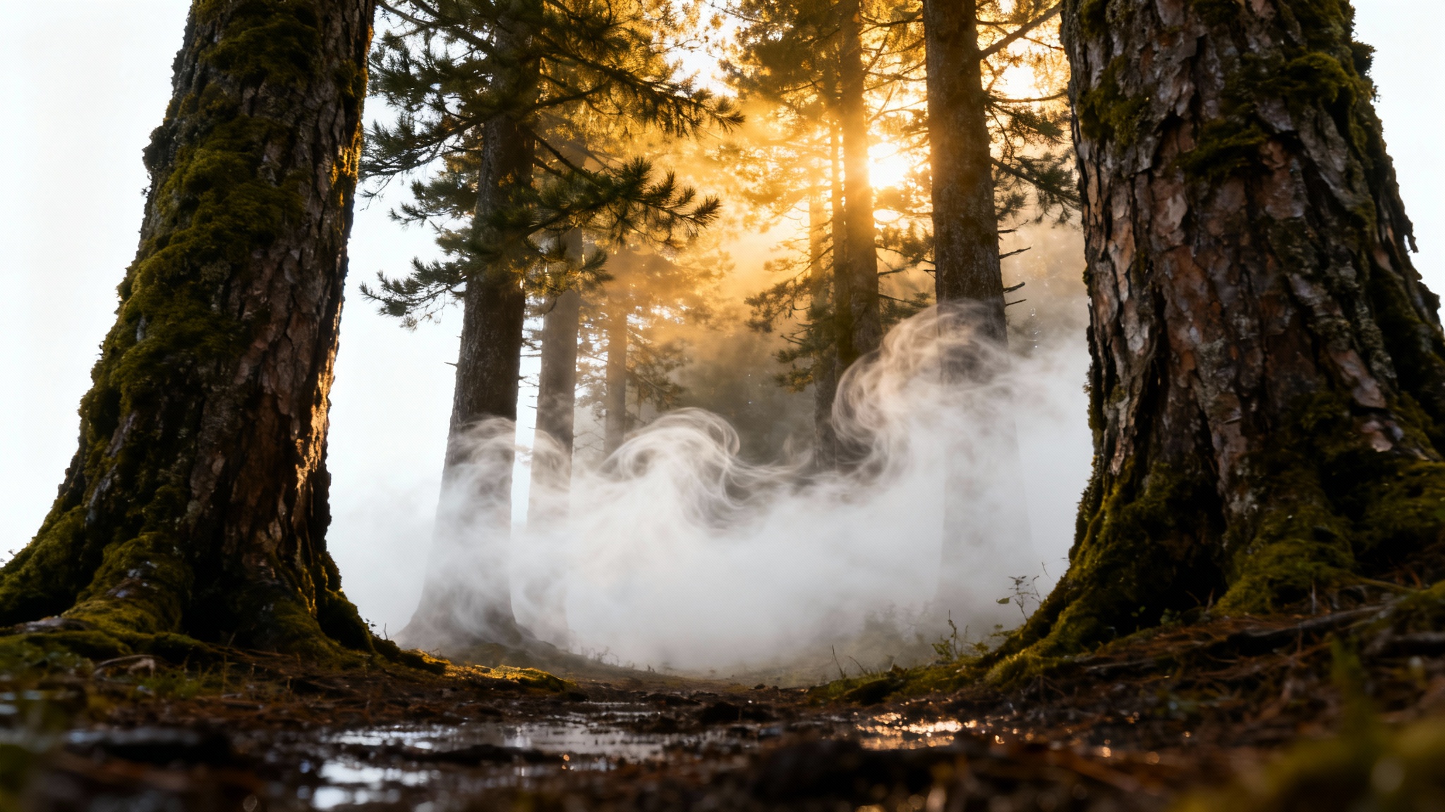 An atmospheric photo of a dense forest with thick, white mist swirling around the trees, dramatically illuminated by rays of sunlight pouring through the canopy.