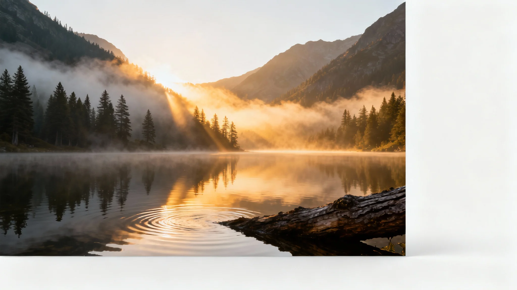A photorealistic mockup of a mountain valley at dawn with a layer of mist. Golden sunbeams cut through the fog, illuminating the pine trees and a calm lake.