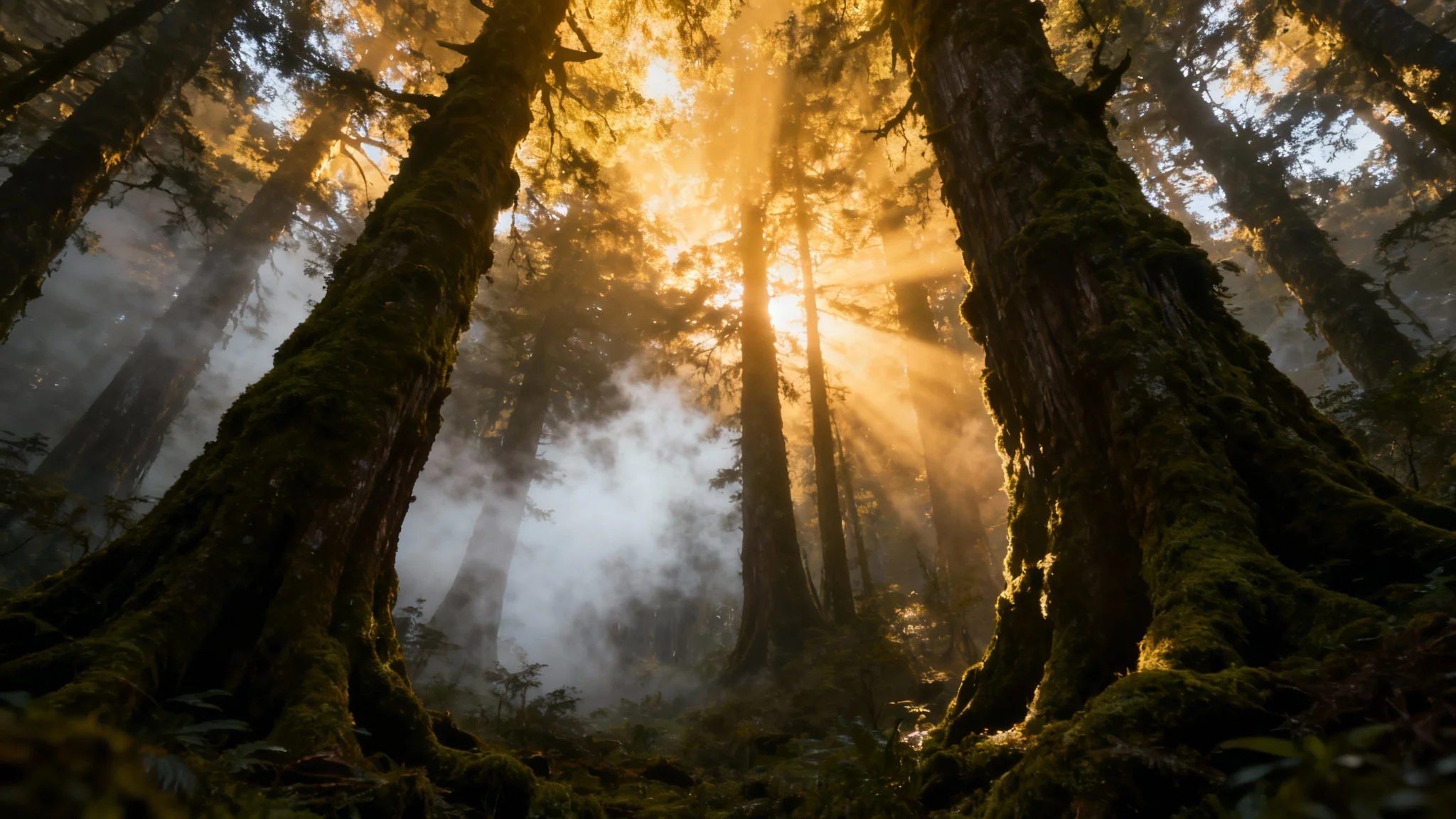 An atmospheric photo of a dense forest at sunrise, where dramatic sunbeams shine through the trees and light up a thick layer of mist covering the ground.