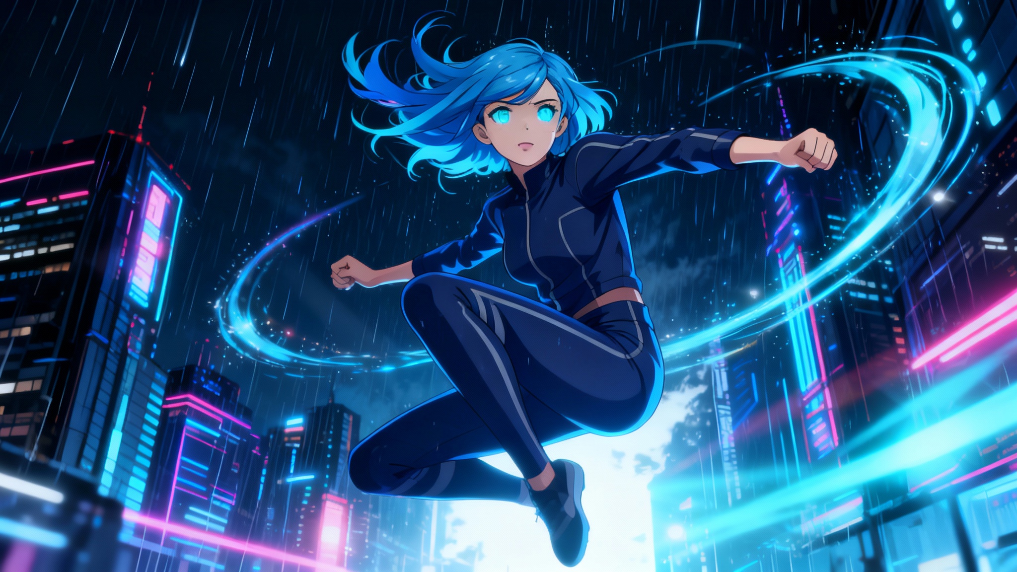A cinematic still frame from an AI-generated anime video, showing a futuristic girl with blue hair in a dynamic action pose within a neon-lit cyberpunk city at night, representing the final output of an AI anime tool.