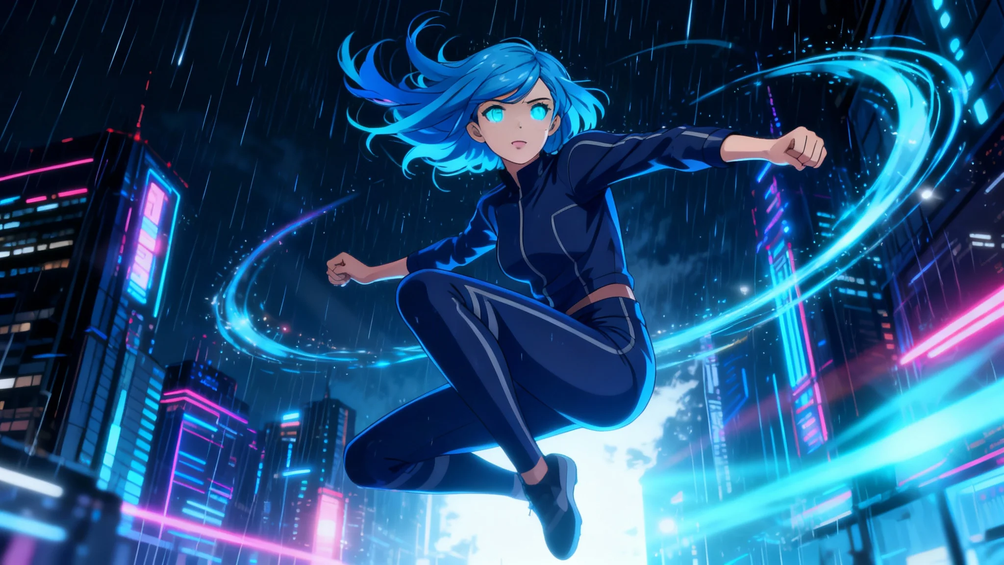 A cinematic still frame from an AI-generated anime video, showing a futuristic girl with blue hair in a dynamic action pose within a neon-lit cyberpunk city at night, representing the final output of an AI anime tool.