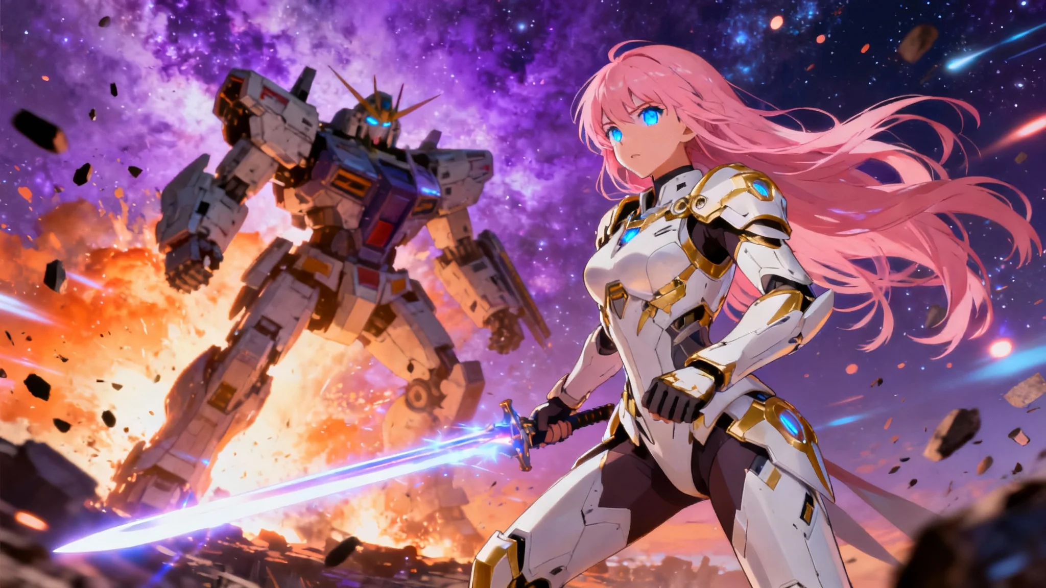 A cinematic anime still showing a female warrior with pink hair in high-tech armor, holding an energy sword in front of an exploding robot in outer space.