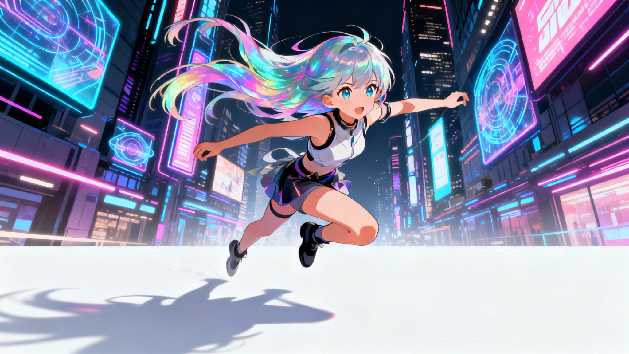 A cinematic anime frame showing a female character with iridescent hair leaping through a futuristic neon city, presented as a mockup on a white background.