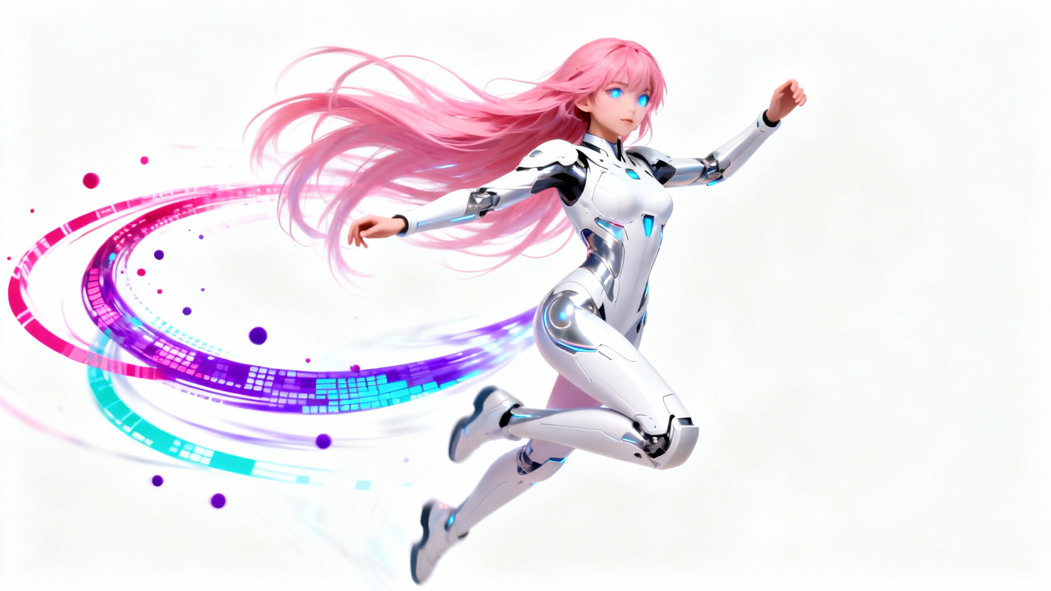 An anime character with pink hair and a futuristic suit is shown mid-air in a dynamic pose, with trails of colorful digital energy, all set against a clean white background.