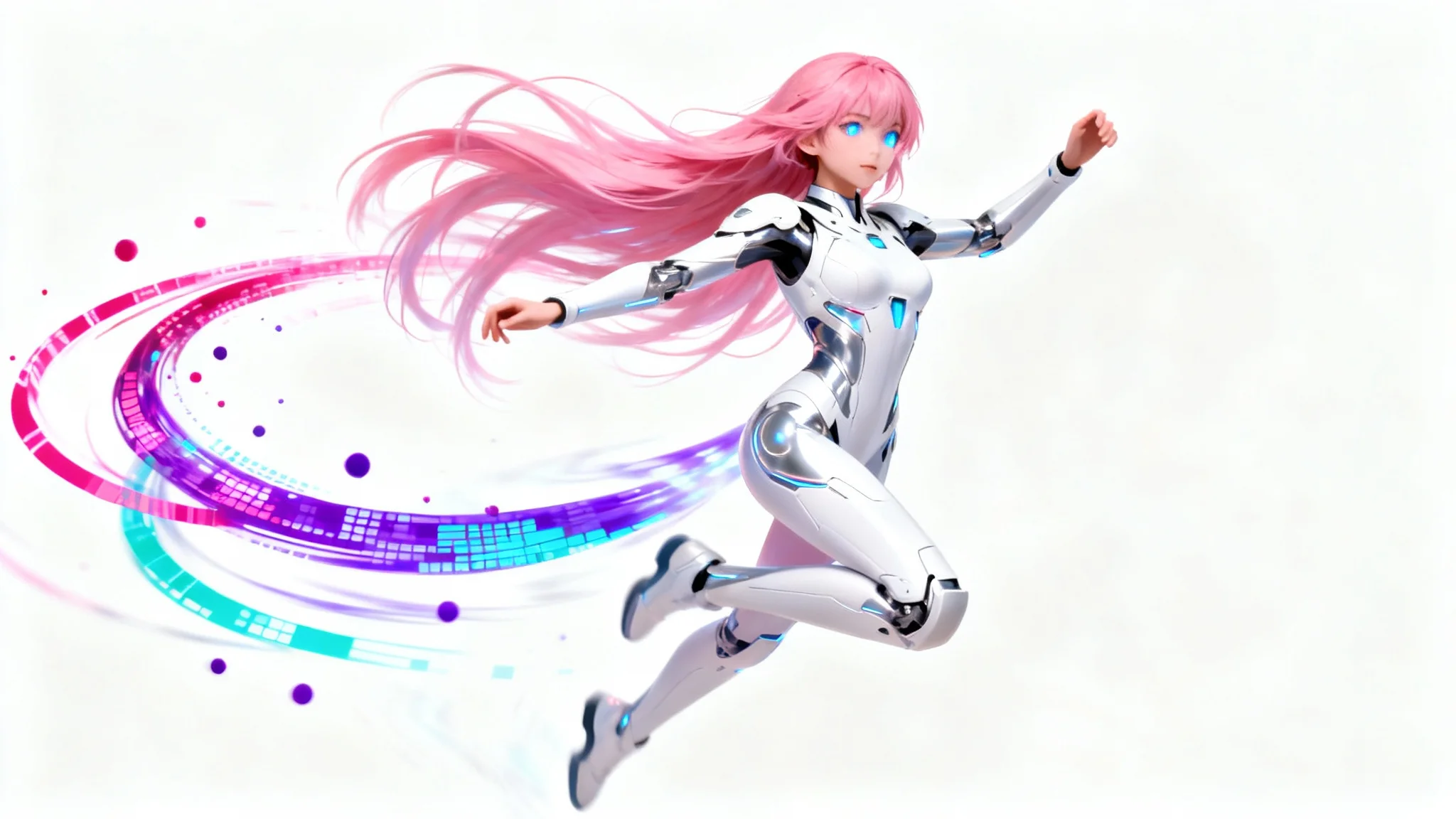 An anime character with pink hair and a futuristic suit is shown mid-air in a dynamic pose, with trails of colorful digital energy, all set against a clean white background.