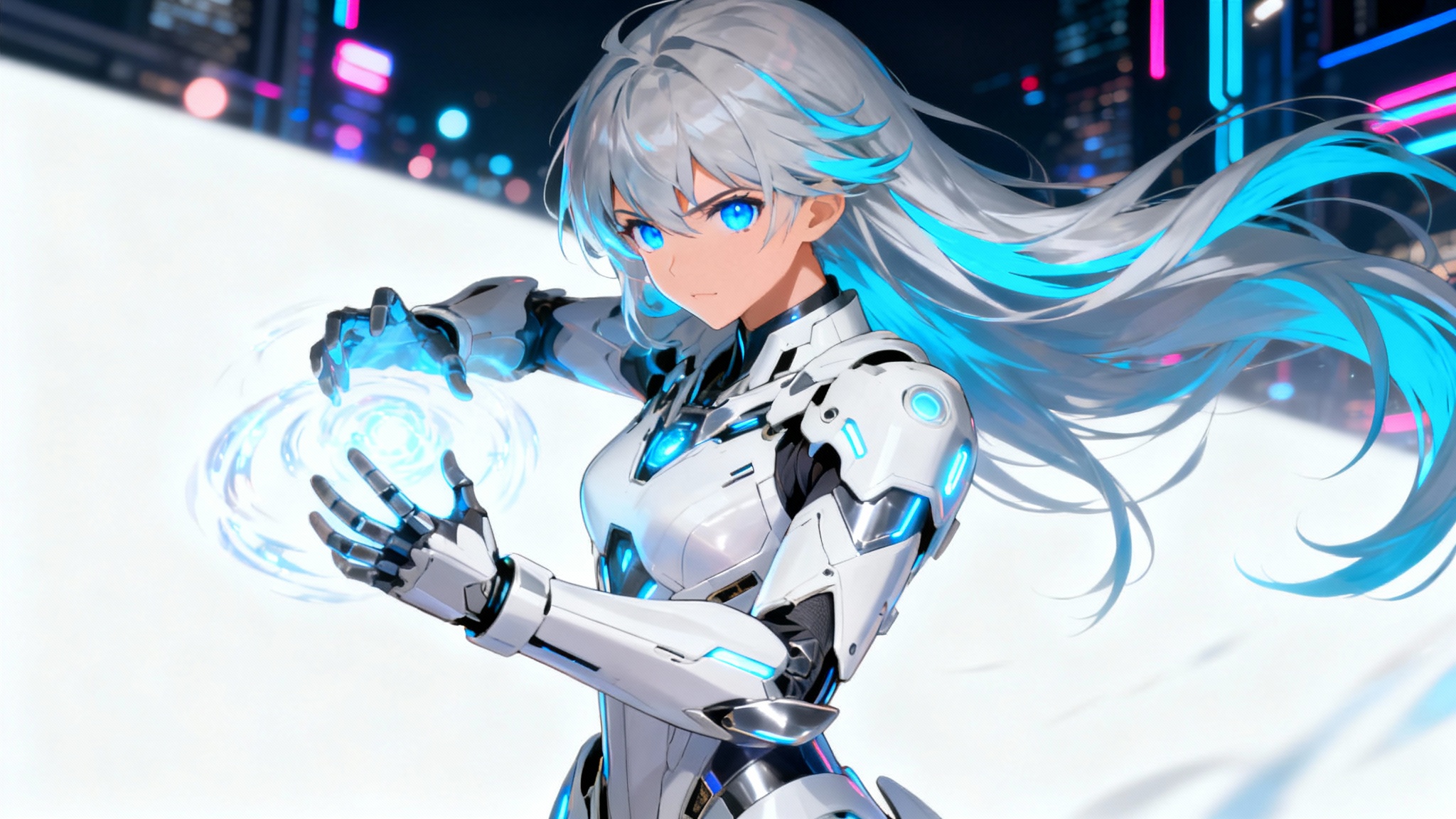 An anime-style female character with silver hair in futuristic armor, casting a glowing blue spell in front of a futuristic city skyline.