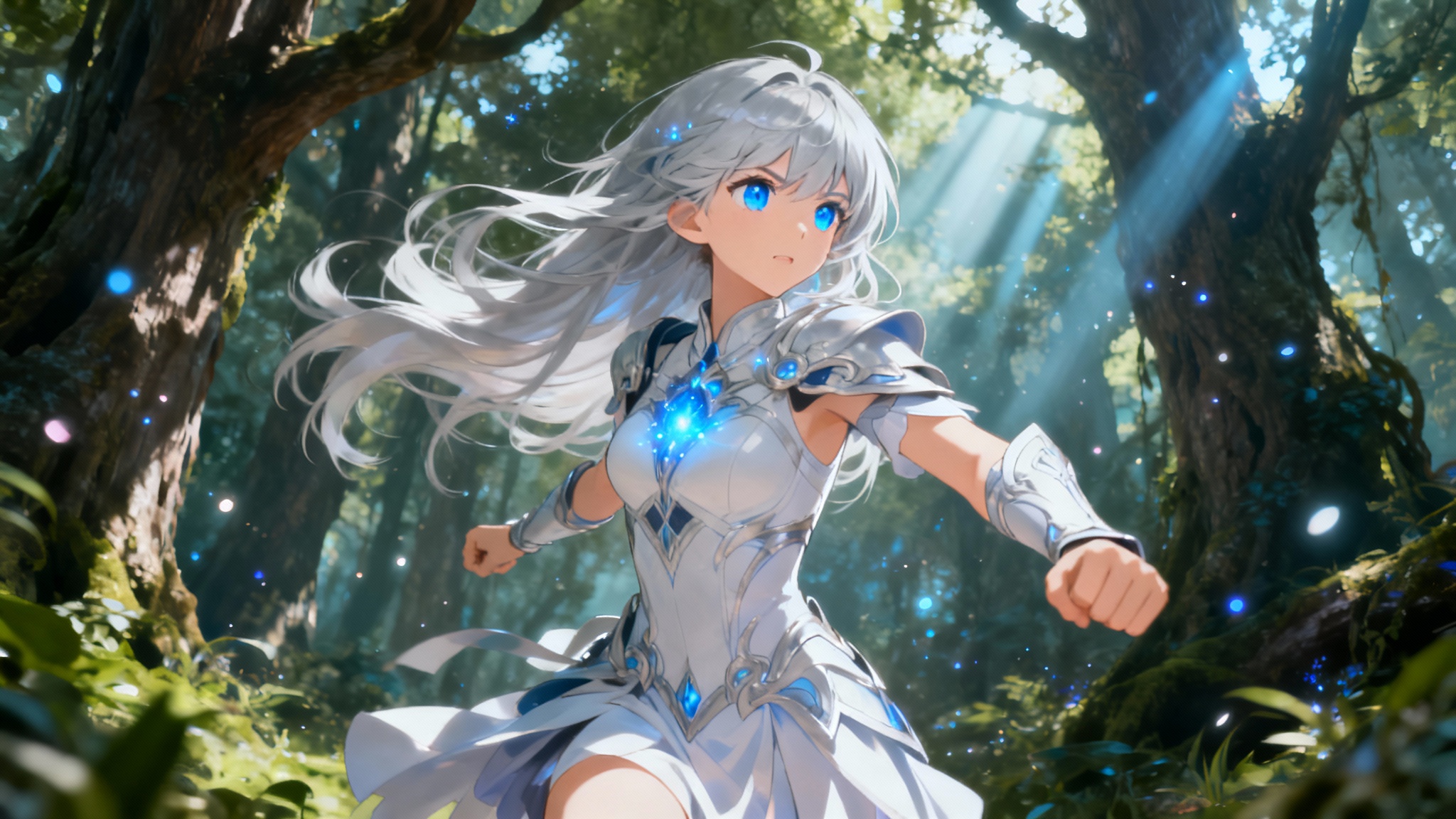 A cinematic anime still showing a female character in an enchanted forest, presented as a mockup on a white background to represent an AI-generated anime video.