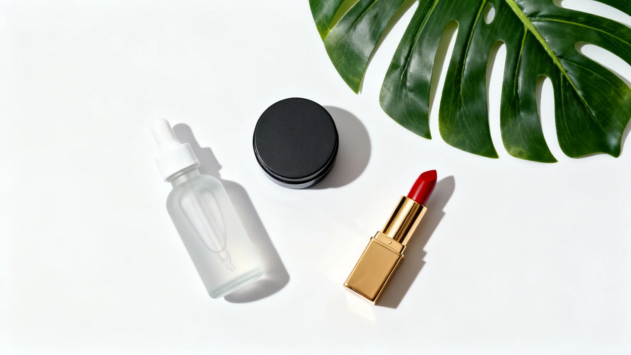 A top-down flat lay of minimalist beauty products, including a serum bottle, a cream jar, and a red lipstick, arranged with a green leaf on a clean white background.