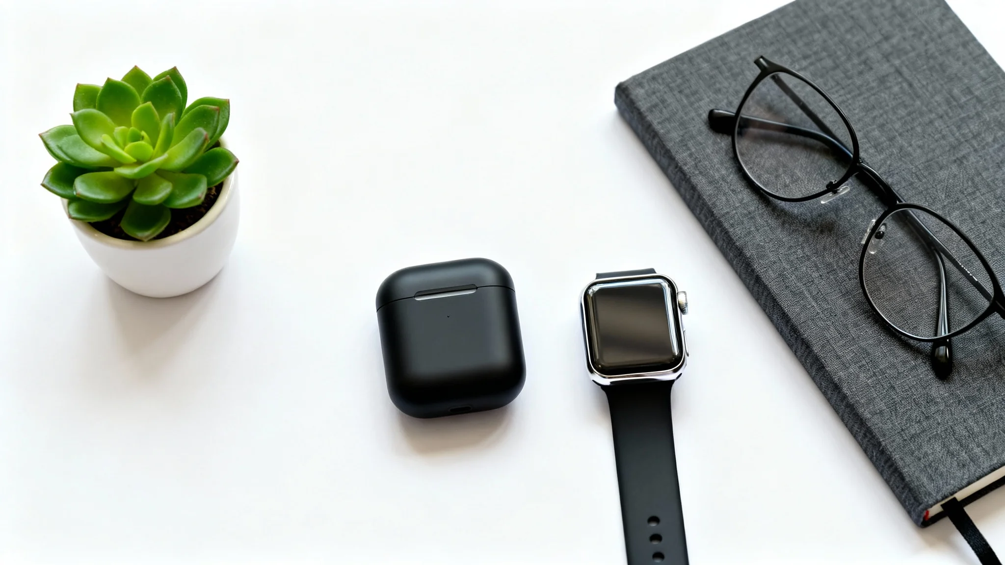 A top-down flat lay of modern tech gadgets and lifestyle items, including a smartwatch, wireless earbuds, glasses, and a succulent, all neatly arranged on a clean white background.