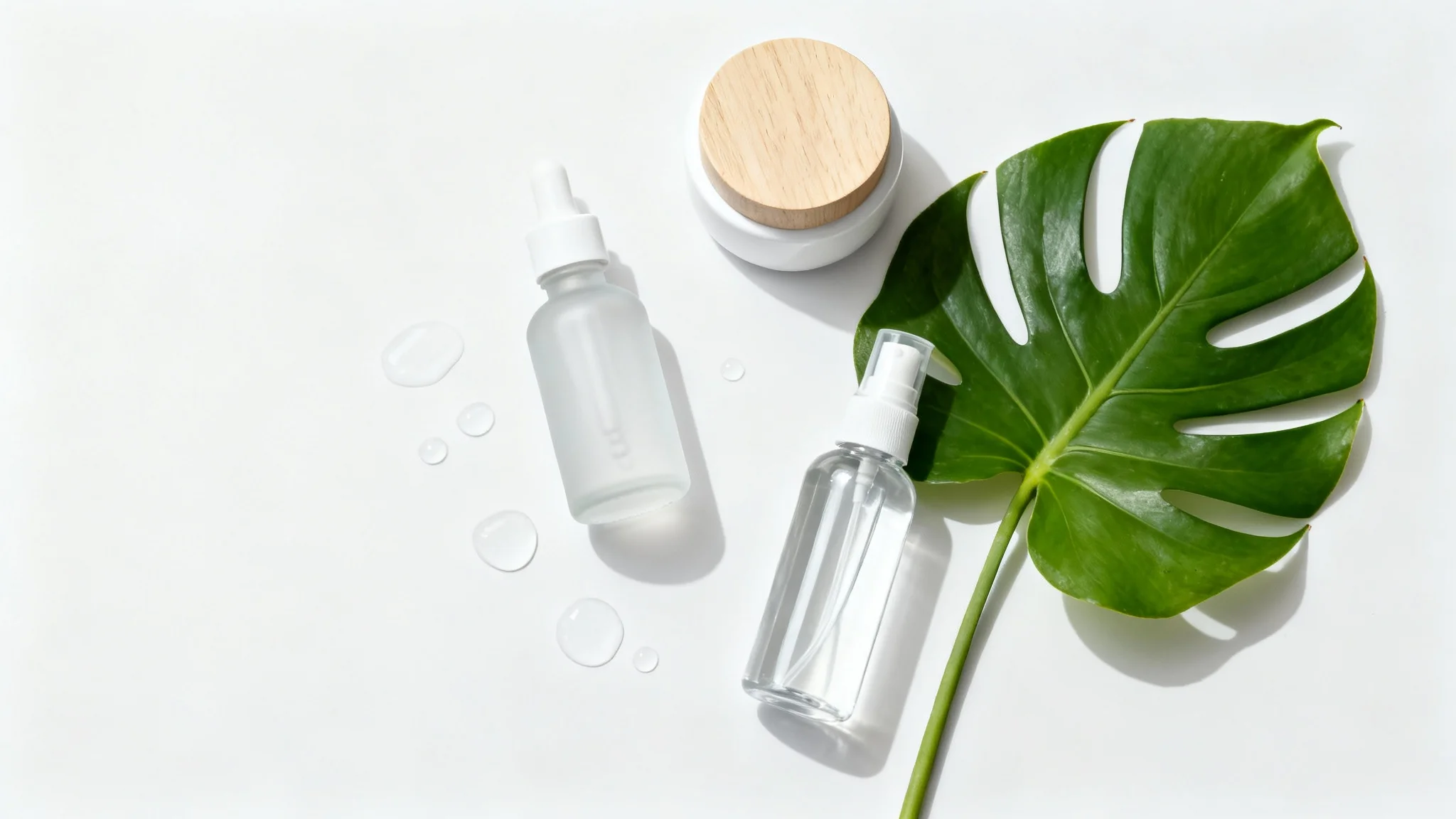 A top-down flat lay of minimalist skincare products, including a serum, cream jar, and spray, artfully arranged on a white background with a single green leaf.