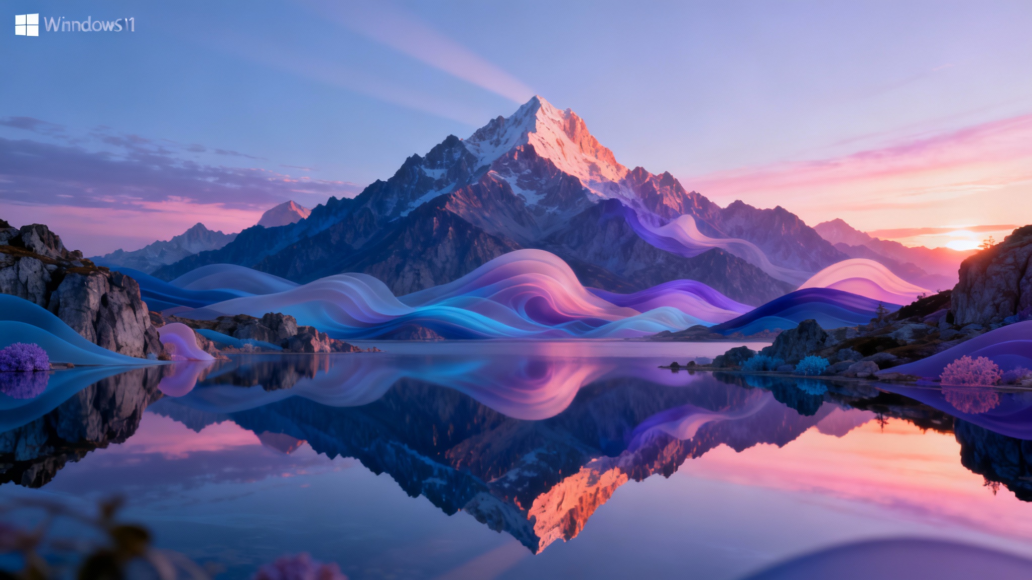A serene, high-definition landscape wallpaper showing a mountain range at sunrise with a crystal-clear lake, featuring modern, abstract color gradients in the sky, in the style of Windows 11.
