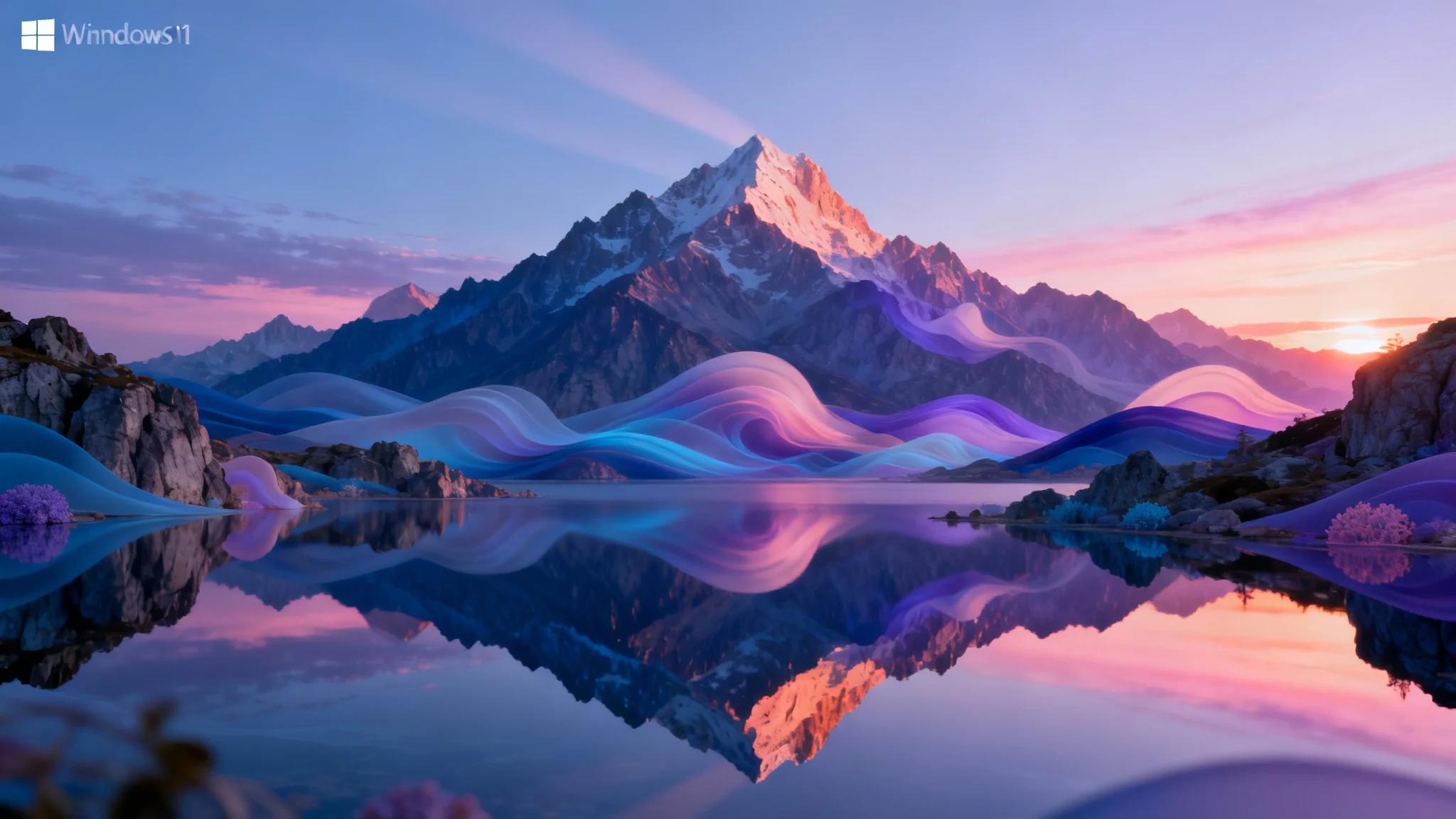 A serene, high-definition landscape wallpaper showing a mountain range at sunrise with a crystal-clear lake, featuring modern, abstract color gradients in the sky, in the style of Windows 11.