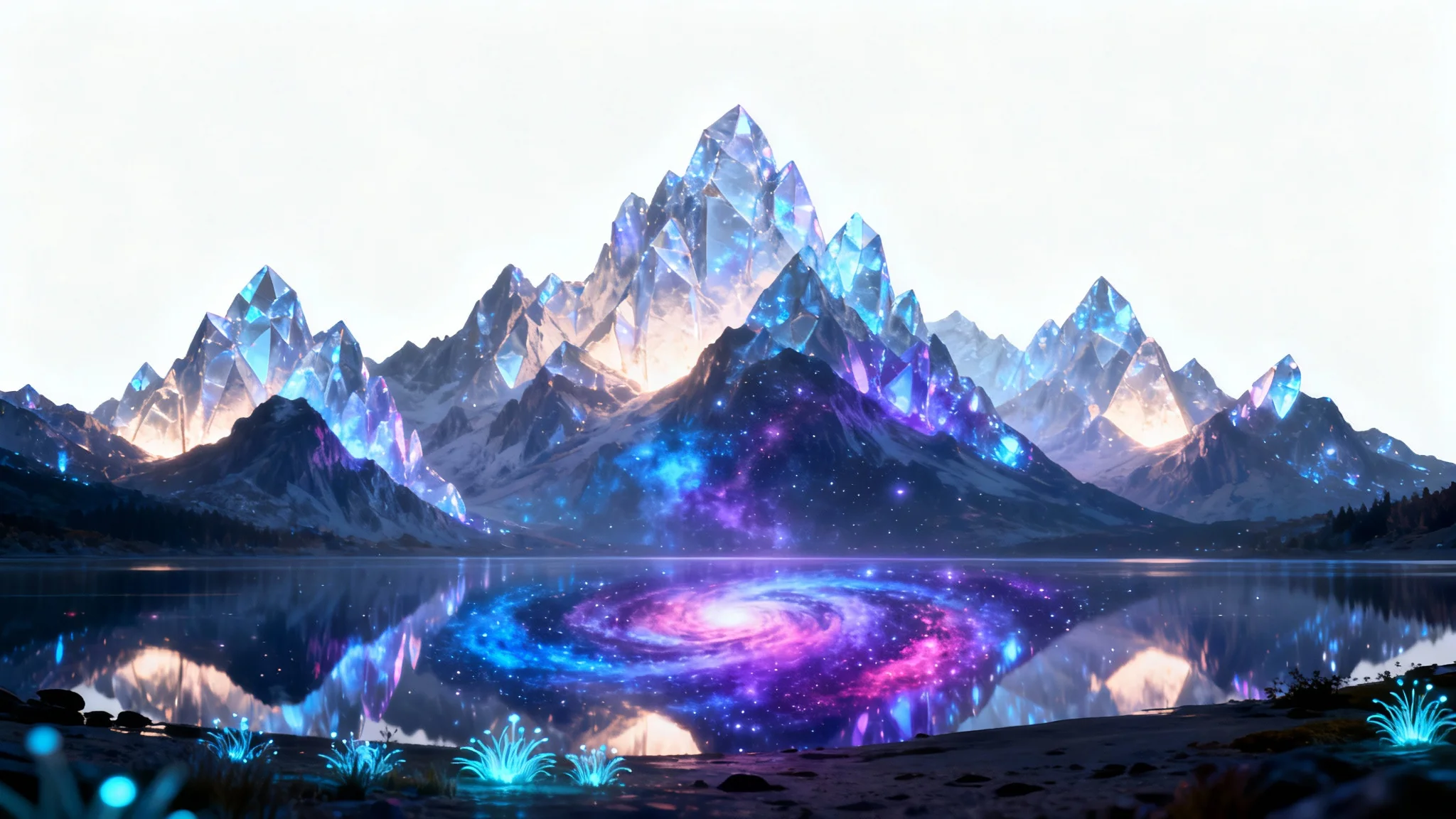 A mockup of a Windows 11 landscape wallpaper depicting a surreal, futuristic scene with glowing crystal mountains and a lake reflecting a colorful nebula.