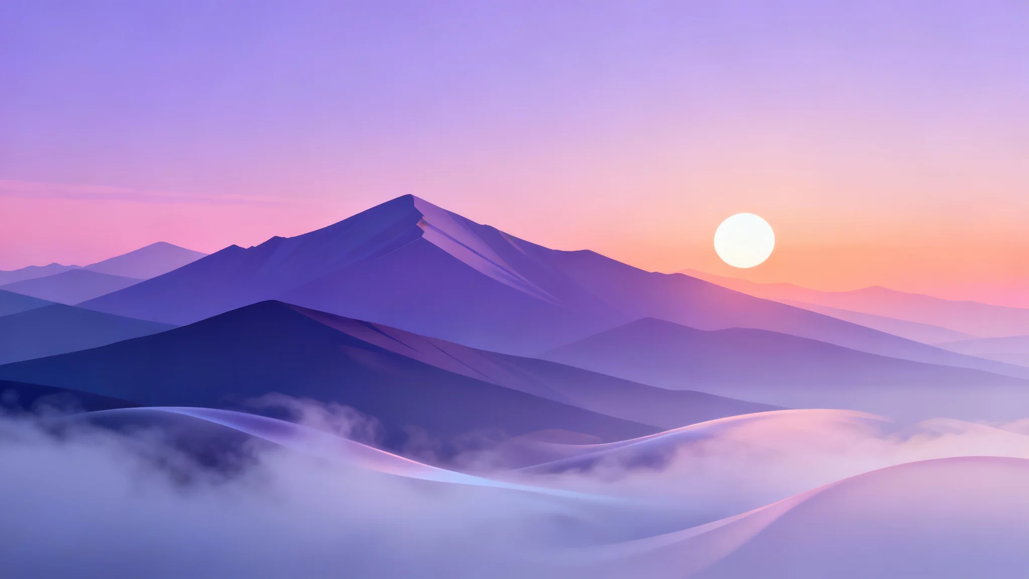 A serene digital landscape wallpaper in the style of Windows 11, featuring a minimalist mountain range under a pastel-colored dawn sky with a glowing sun.