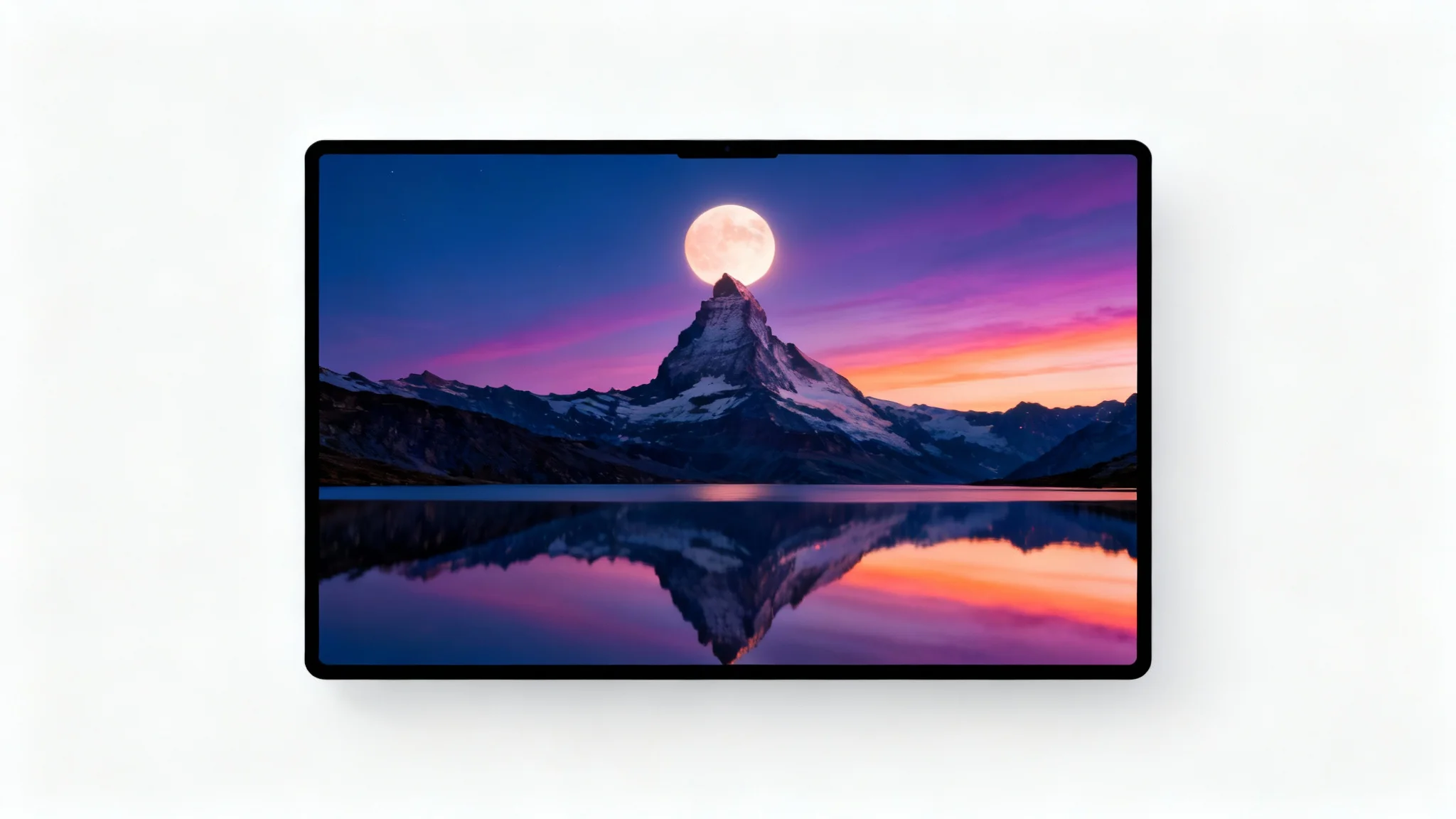 A serene, high-definition landscape wallpaper in the Windows 11 style, showing a majestic mountain range reflected in a calm lake under a vibrant twilight sky with a glowing moon.