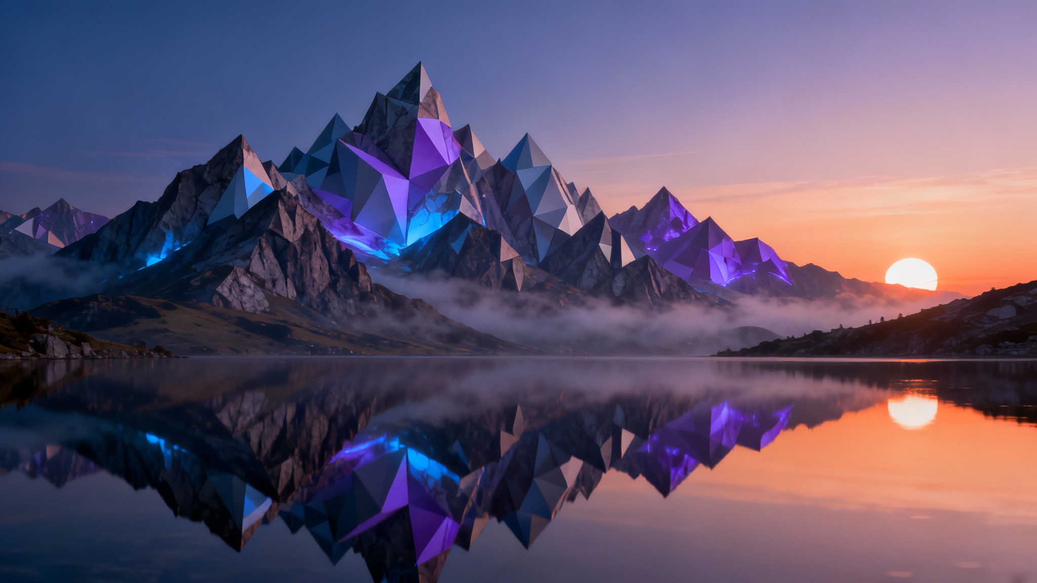 A high-definition Windows 11 style landscape wallpaper depicting a serene mountain range with geometric peaks glowing with blue and purple light, reflected in a glassy lake at dawn.