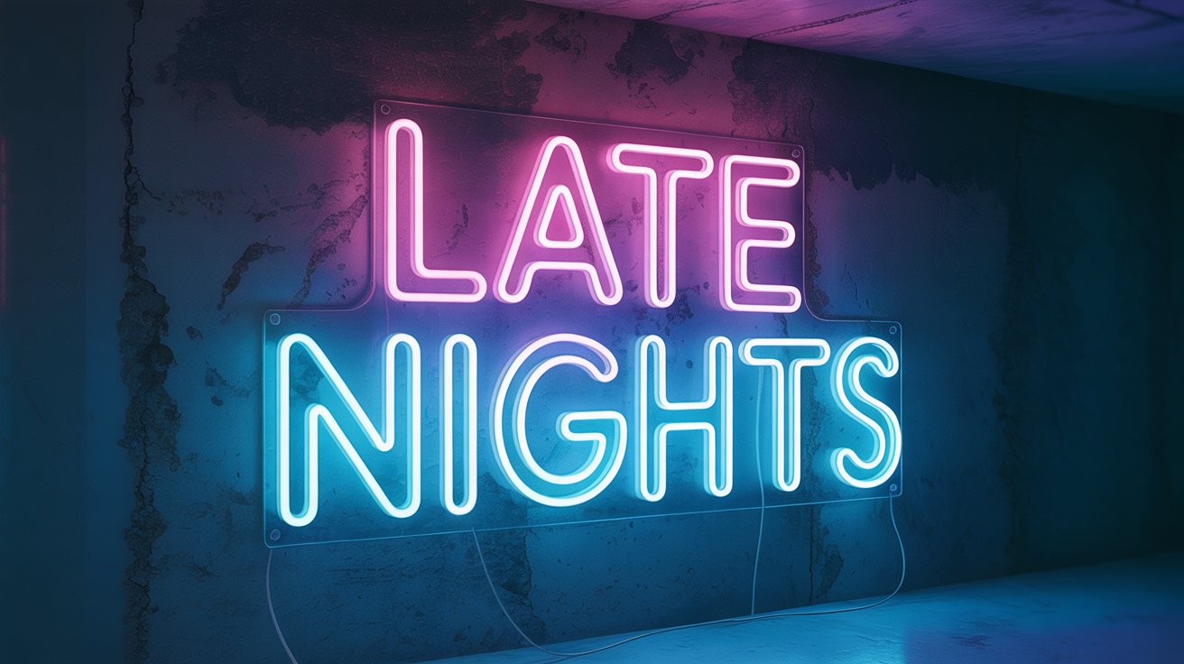 A realistic neon sign mounted on a dark concrete wall. The sign reads 'LATE NIGHTS', with 'LATE' glowing magenta and 'NIGHTS' glowing electric blue, representing a final design output.