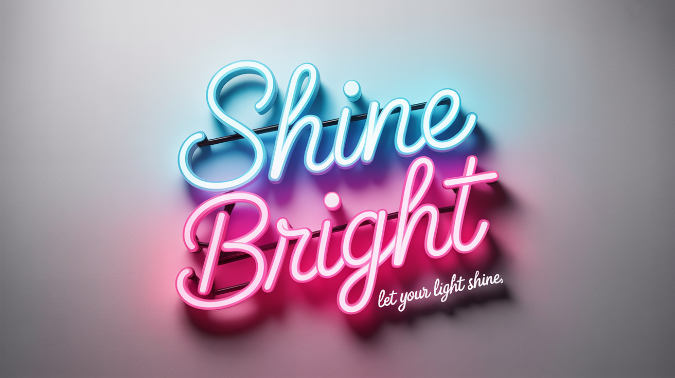 A vibrant neon sign on a white background reads 'SHINE BRIGHT'. The word 'SHINE' is in glowing blue and 'BRIGHT' is in glowing pink.