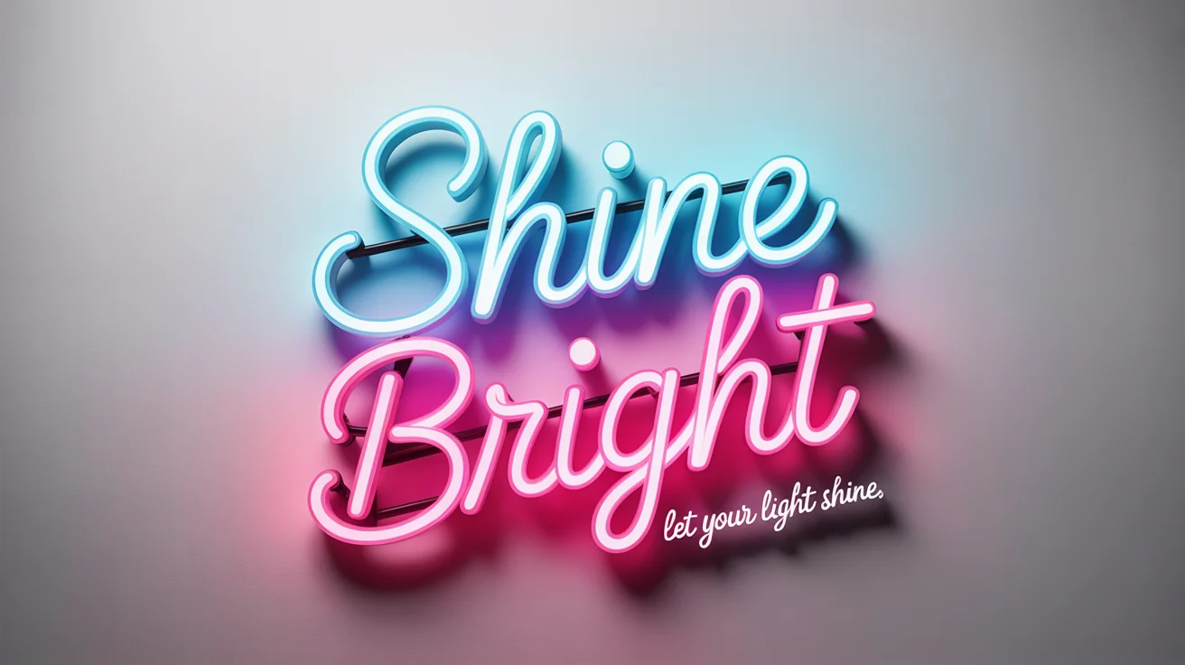 A vibrant neon sign on a white background reads 'SHINE BRIGHT'. The word 'SHINE' is in glowing blue and 'BRIGHT' is in glowing pink.