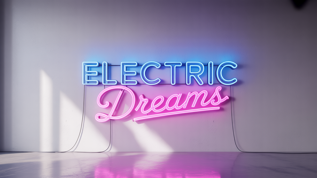 A neon sign on a white wall that says 'ELECTRIC DREAMS'. The word 'ELECTRIC' is in blue block letters, and 'DREAMS' is in pink script.