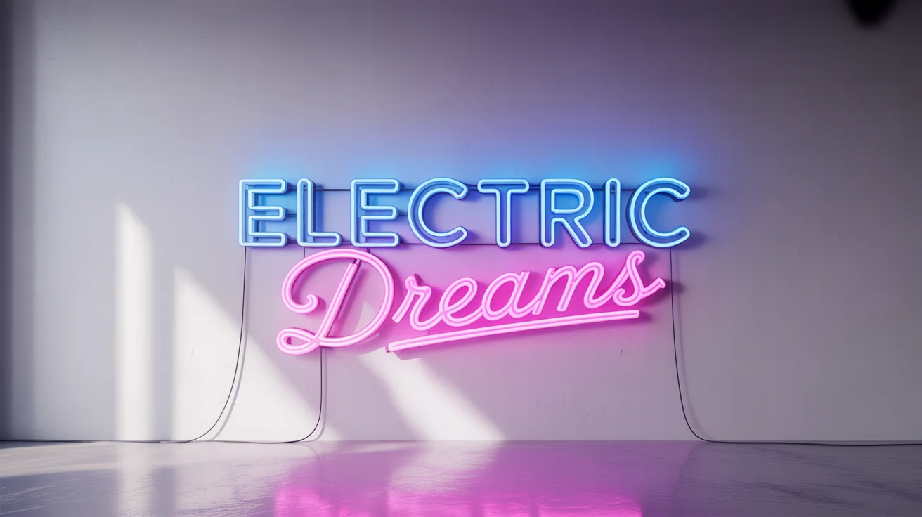 A neon sign on a white wall that says 'ELECTRIC DREAMS'. The word 'ELECTRIC' is in blue block letters, and 'DREAMS' is in pink script.