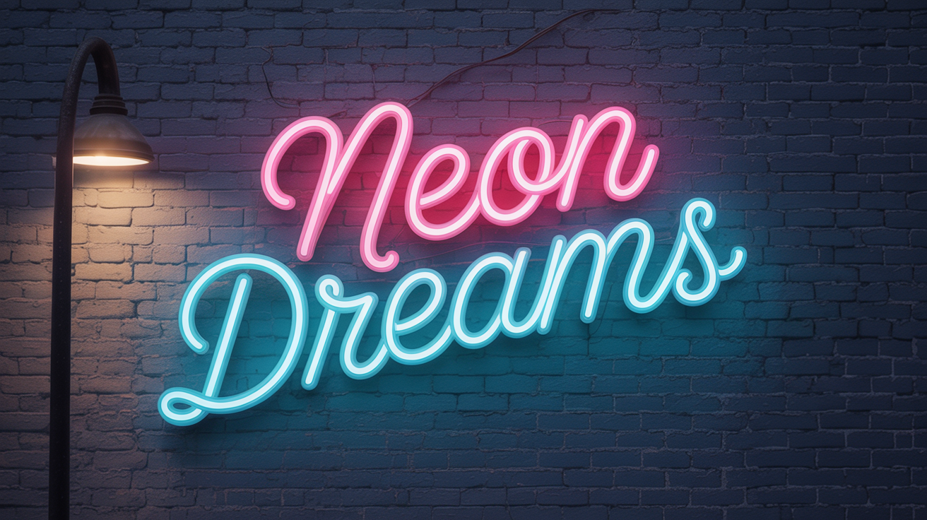 A neon sign with the words 'NEON DREAMS' glowing in vibrant pink and blue, mounted on a dark brick wall.