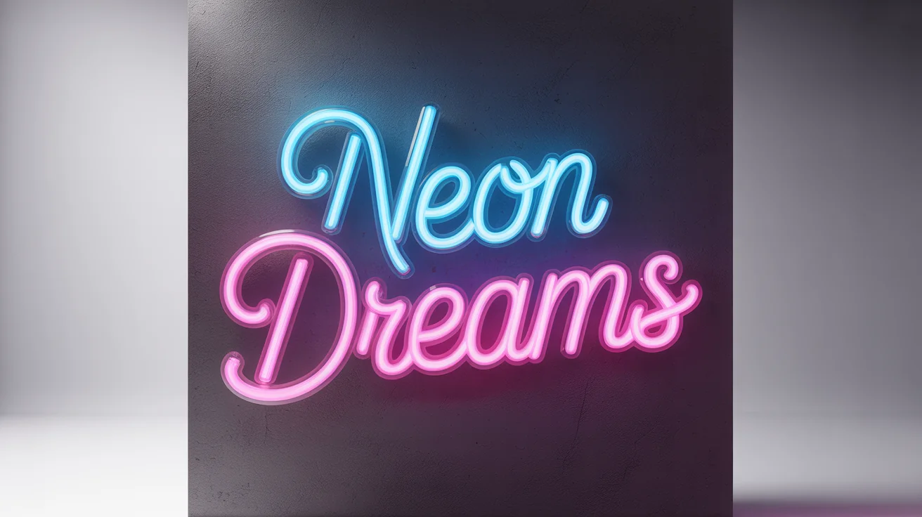 A vibrant neon sign reading 'Neon Dreams' in glowing blue and pink script, mounted on a dark wall and displayed as a product mockup on a white background.