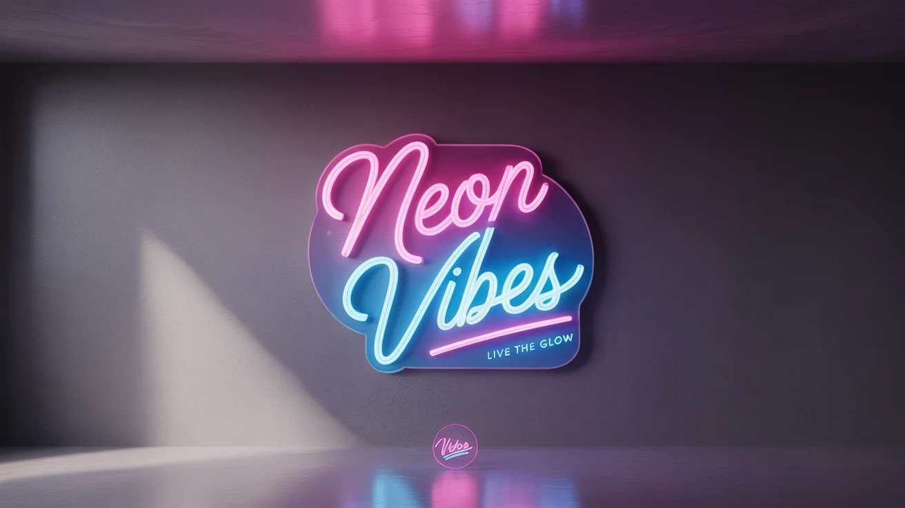 A realistic neon sign on a dark gray wall that reads 'Neon Vibes'. The word 'Neon' is in glowing pink, and 'Vibes' is in glowing blue.