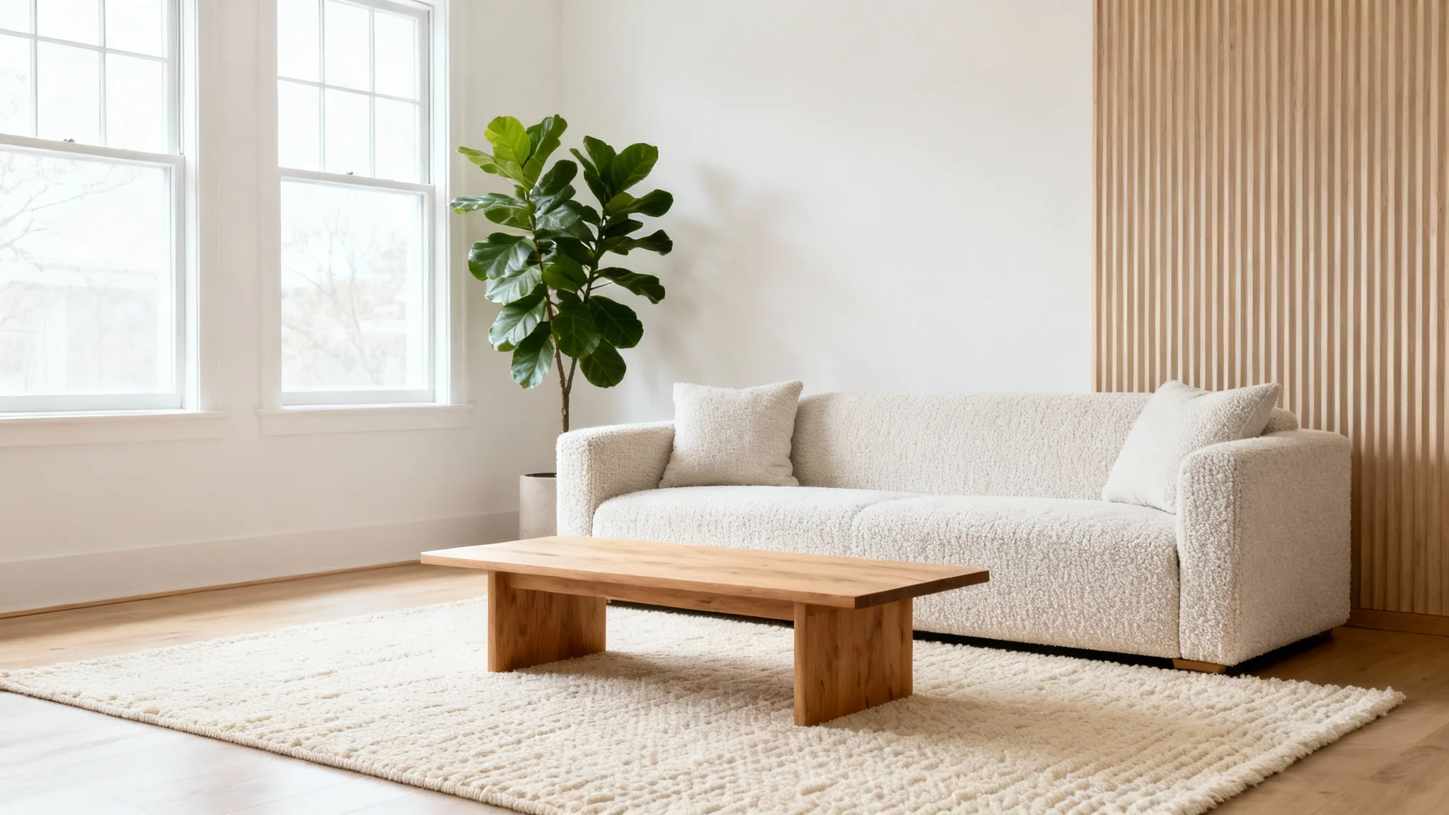 A photorealistic image of a beautifully redesigned, modern living room in a bright and airy Japandi style, showcasing the final result of a design tool.