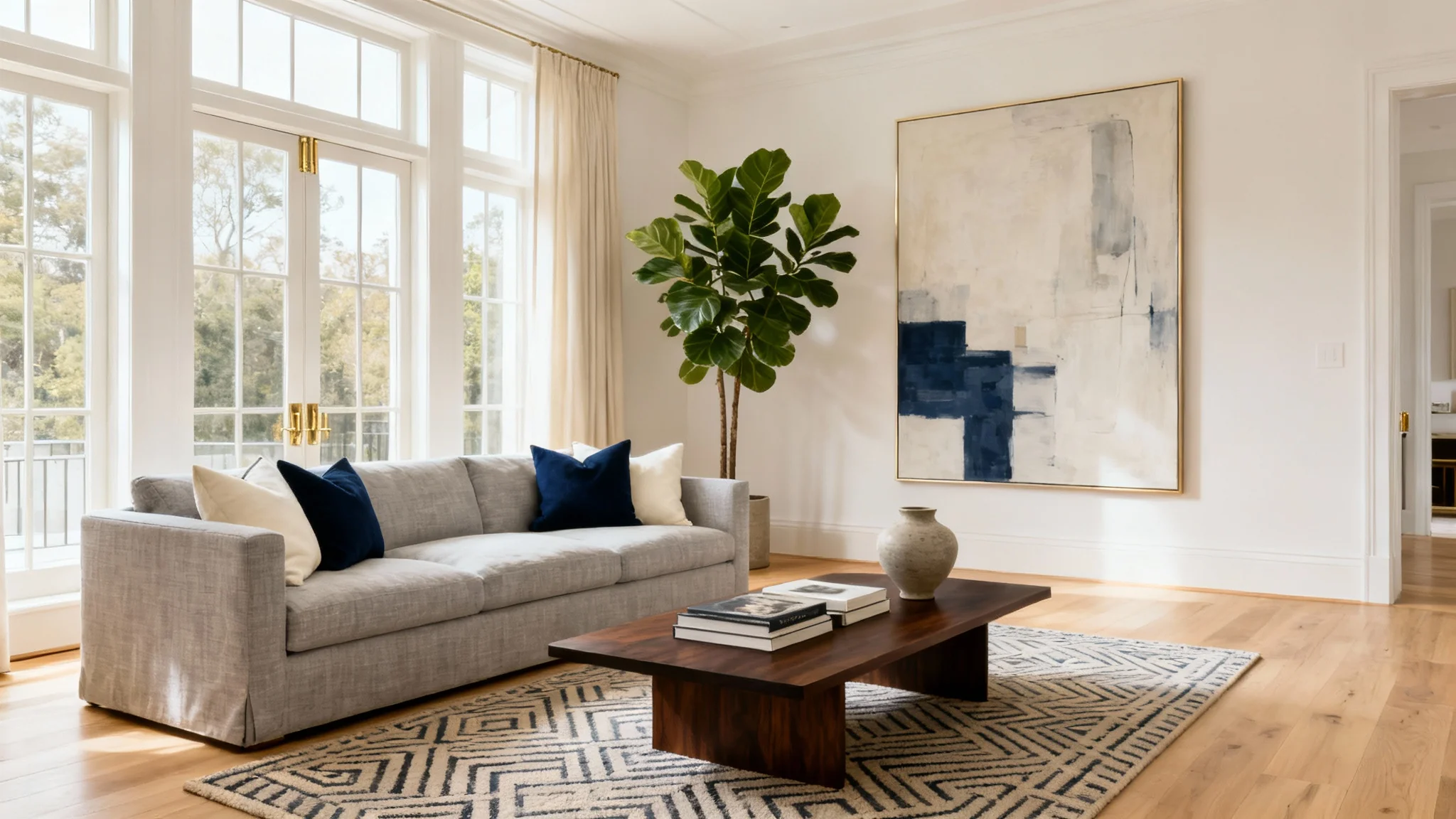 A beautifully designed modern living room with a gray sofa, dark wood coffee table, and large windows letting in natural light. The style is clean, luxurious, and minimalist.