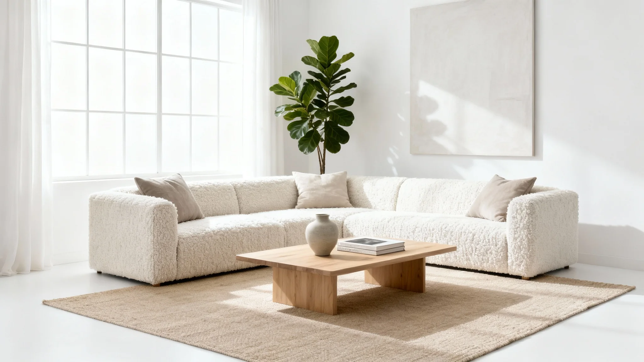 A beautifully designed modern living room with a minimalist, Scandinavian aesthetic. A plush white sofa and a light wood coffee table sit on a textured rug, illuminated by bright, natural light from a large window.