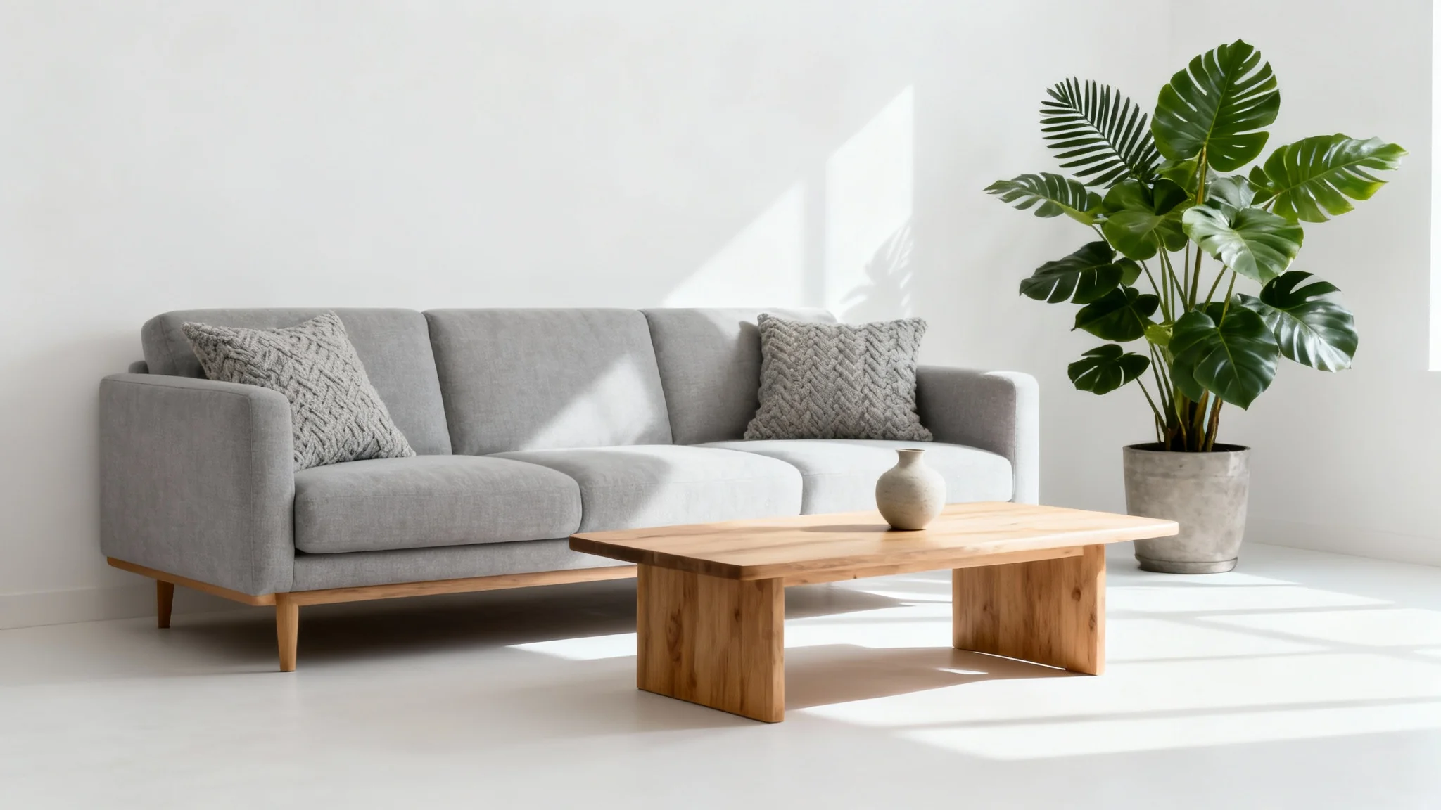 A photorealistic mockup of a modern Scandinavian-style living room with a gray sofa and a large plant, visualized by a room design tool.