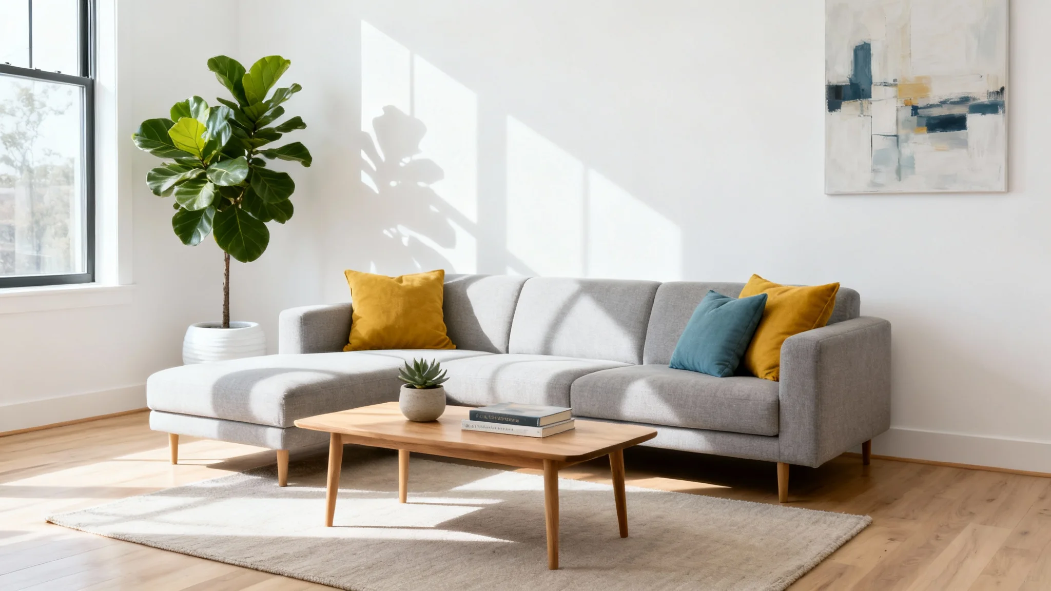 A photorealistic image of a beautifully designed modern living room with a gray sofa, wooden coffee table, and large windows letting in bright, natural light, all against a clean white background.